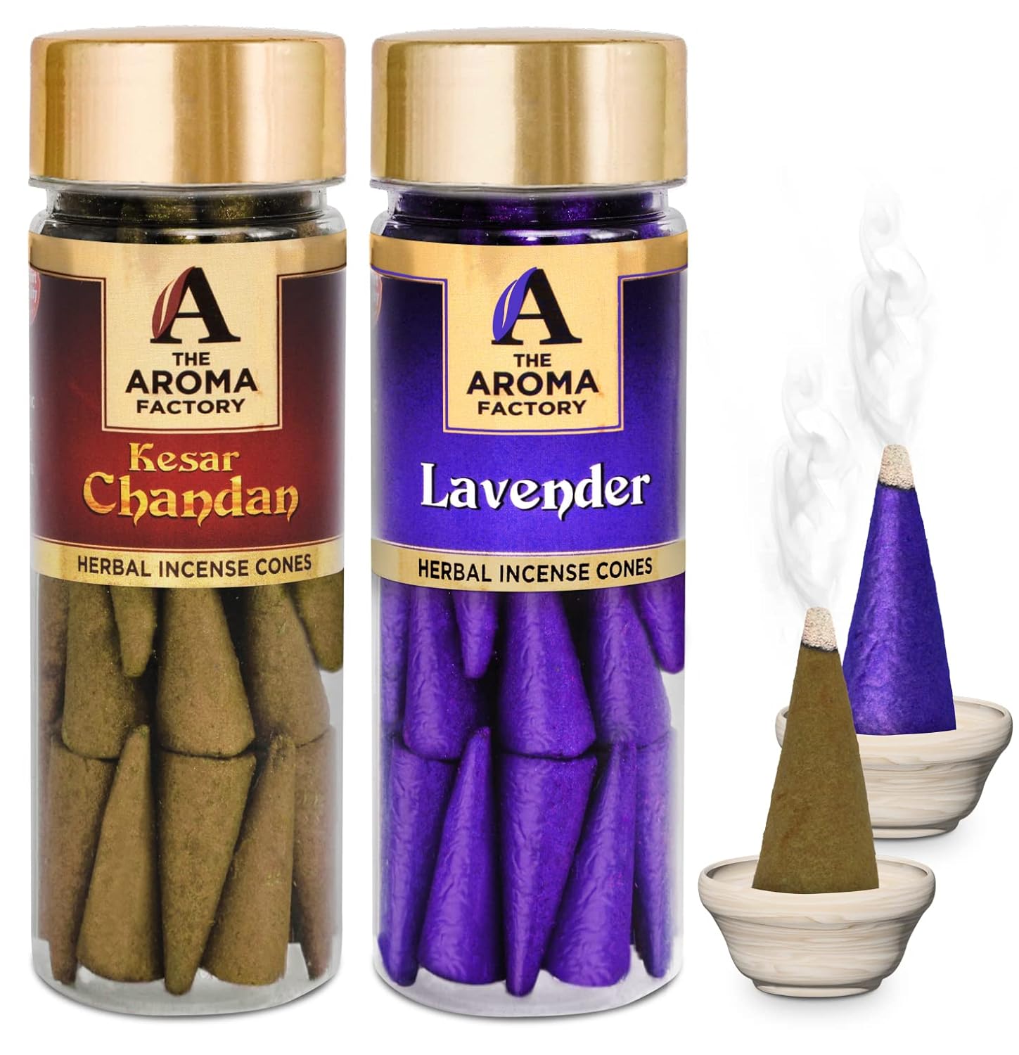 The Aroma Factory Incense Dhoop Cone for Pooja, Kesar Chandan & Lavender (100% Herbal & 0% Charcoal) 2 Bottles x 30 Cones