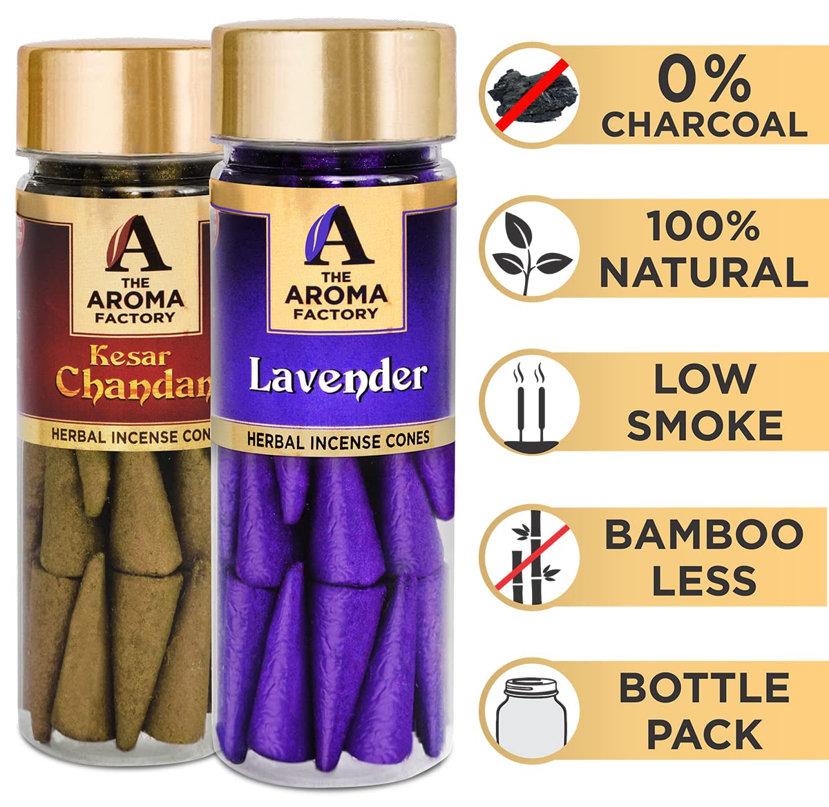 The Aroma Factory Incense Dhoop Cone for Pooja, Kesar Chandan & Lavender (100% Herbal & 0% Charcoal) 2 Bottles x 30 Cones