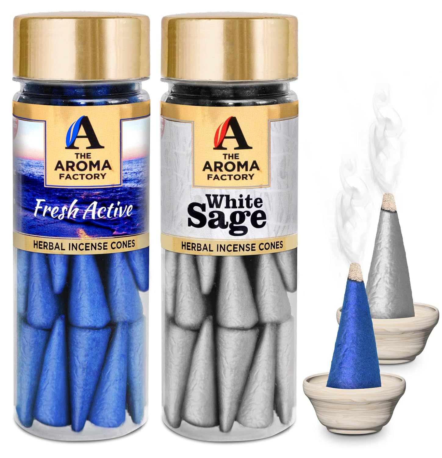 The Aroma Factory Incense Dhoop Cone for Pooja, White Sage & Fresh Active (100% Herbal & 0% Charcoal) 2 Bottles x 30 Cones