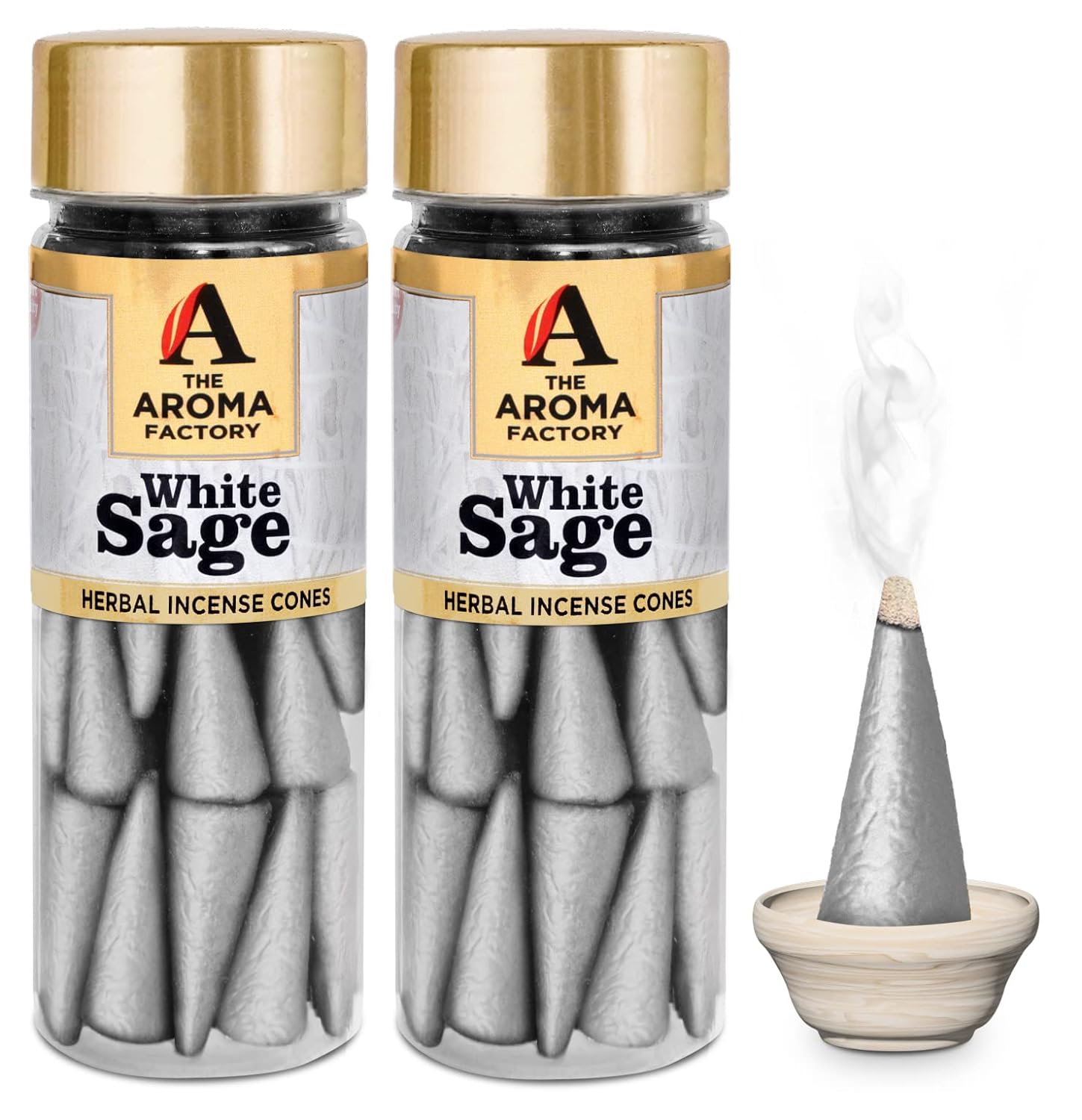 The Aroma Factory Incense Dhoop Cone for Pooja, White Sage (100% Herbal & 0% Charcoal) 2 Bottles x 30 Cones