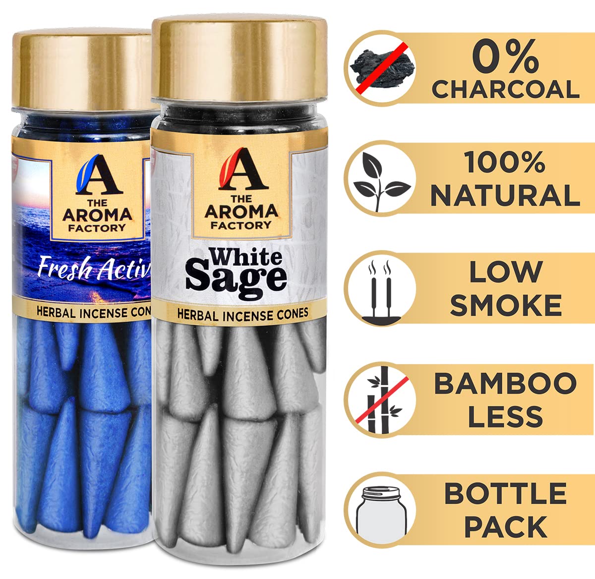 The Aroma Factory Incense Dhoop Cone for Pooja, White Sage & Fresh Active (100% Herbal & 0% Charcoal) 2 Bottles x 30 Cones