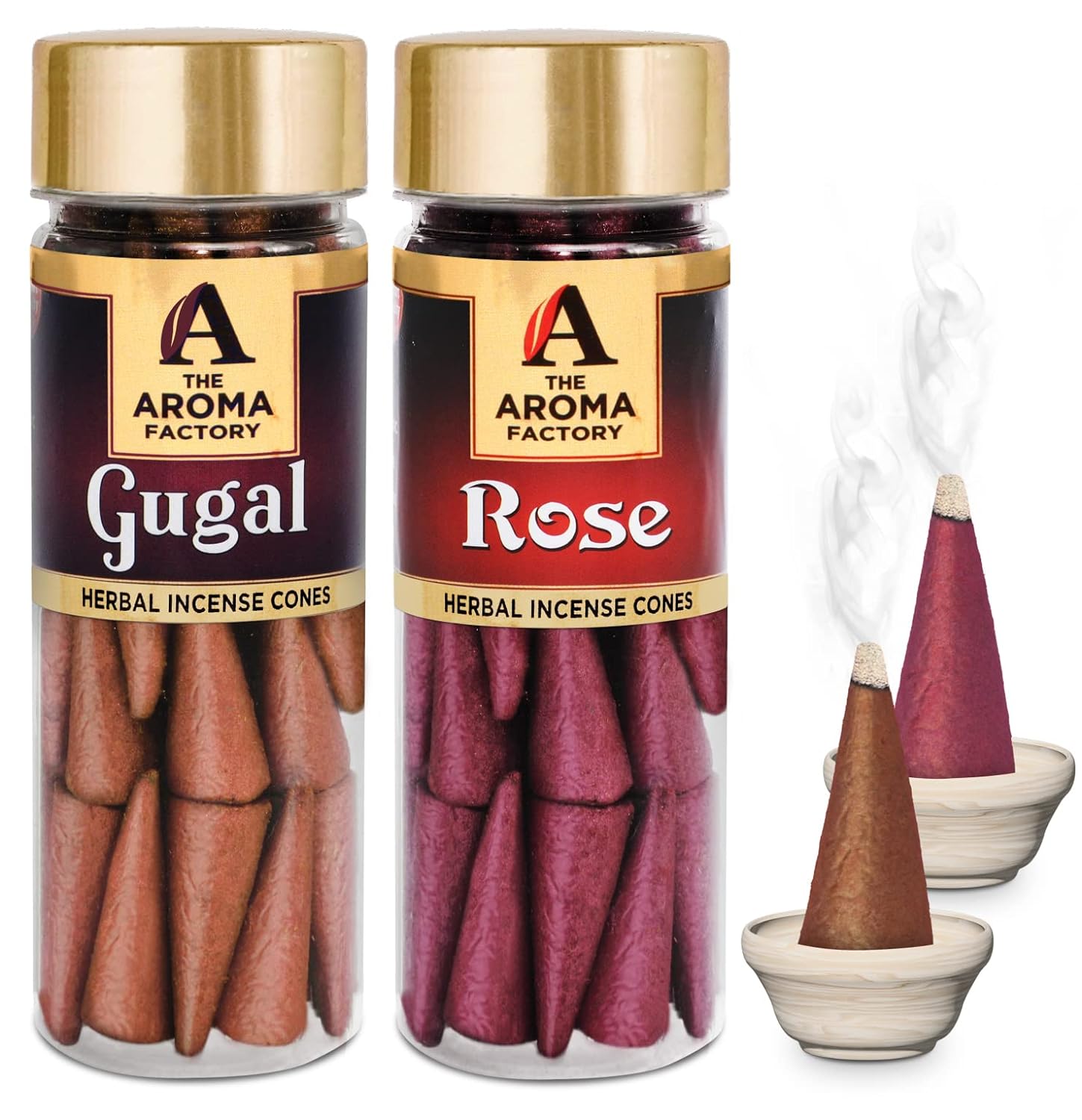 The Aroma Factory Incense Dhoop Cone for Puja, Gugal & Rose (100% Herbal & 0% Charcoal) 2 Bottles x 30 Cones