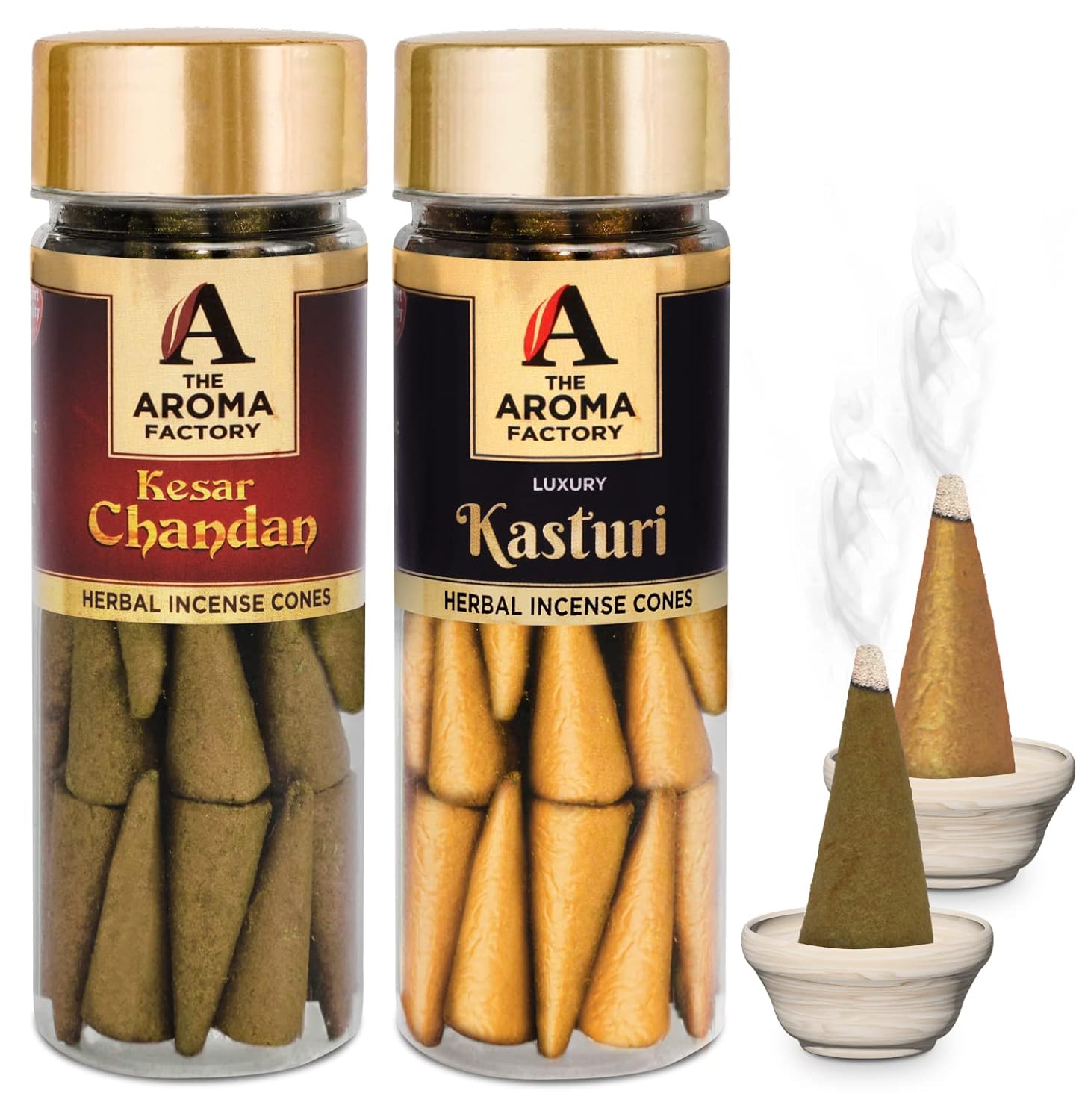 The Aroma Factory Incense Dhoop Cone for Puja, Kesar Chandan & Kasturi (100% Herbal & 0% Charcoal) 2 Bottles x 30 Cones