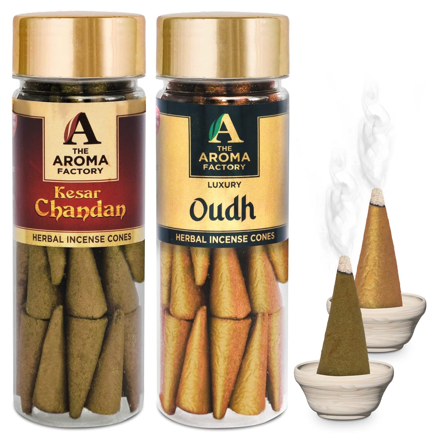 The Aroma Factory Incense Dhoop Cone for Puja, Kesar Chandan & Oudh (100% Herbal & 0% Charcoal) 2 Bottles x 30 Cones