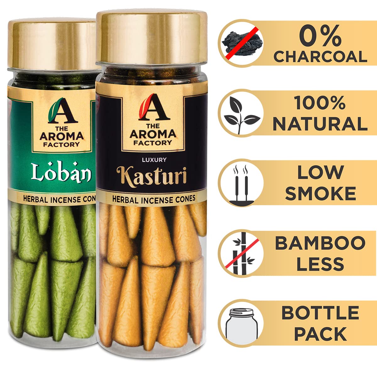 The Aroma Factory Incense Dhoop Cone for Puja, Loban & Kasturi (100% Herbal & 0% Charcoal) 2 Bottles x 30 Cones