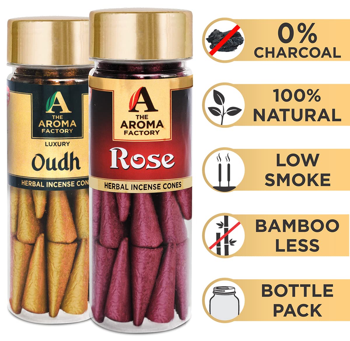 The Aroma Factory Incense Dhoop Cone for Pooja, Oudh & Rose (100% Herbal & 0% Charcoal) 2 Bottles x 30 Cones