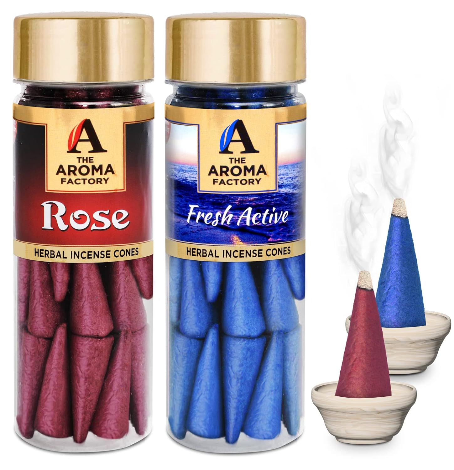 The Aroma Factory Incense Dhoop Cone for Pooja, Rose & Fresh Active (100% Herbal & 0% Charcoal) 2 Bottles x 30 Cones