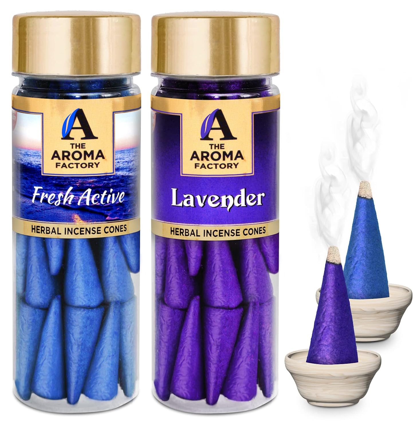 The Aroma Factory Incense Dhoop Cone for Pooja, Fresh Active & Lavender (100% Herbal & 0% Charcoal) 2 Bottles x 30 Cones