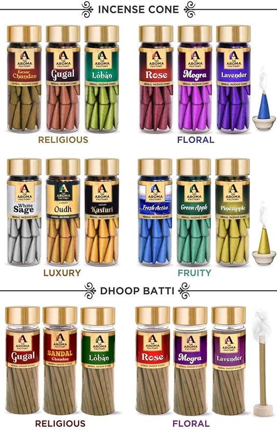 The Aroma Factory Incense Dhoop Cone for Pooja, Fresh Active & Lavender (100% Herbal & 0% Charcoal) 2 Bottles x 30 Cones