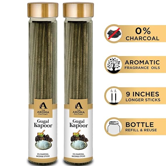The Aroma Factory Gugal Kapoor Incense Sticks, Low Smoke & Zero Charcoal Camphor Agarbatti for Pooja (Pack of 2, 100g Each)