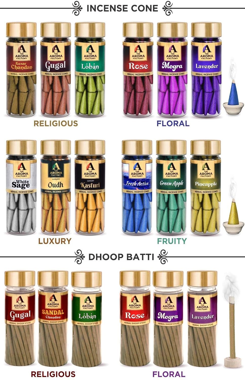 The Aroma Factory Incense Dhoop Cone for Puja, Kesar Chandan & Kasturi (100% Herbal & 0% Charcoal) 2 Bottles x 30 Cones