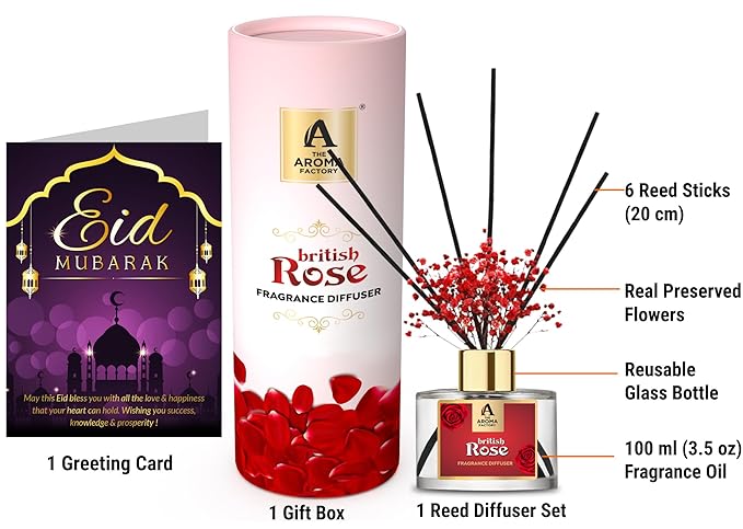 The Aroma Factory Eid Mubarak Greeting Greeting Card & Fragrance Reed Diffuser Gift Set, British Rose (1 Box + 1 Card)