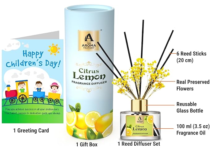 The Aroma Factory Happy Childrens Day Greeting Card & Fragrance Reed Diffuser Gift Set, Citrus Lemon (1 Box + 1 Card)