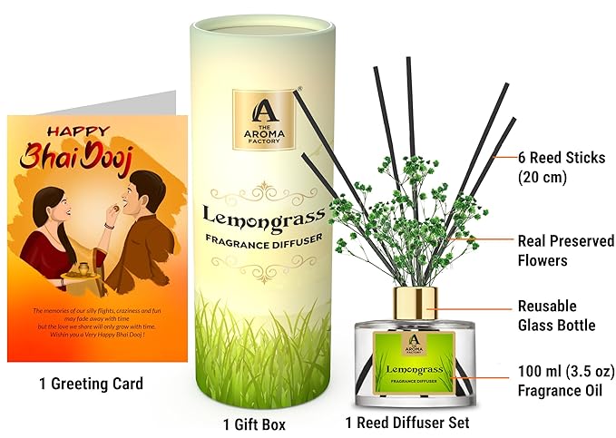 The Aroma Factory Happy Bhai Dooj Greeting Card & Fragrance Reed Diffuser Gift Set, Lemongrass (1 Box + 1 Card)