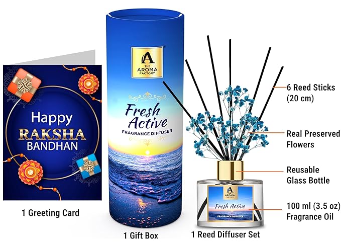 The Aroma Factory Happy Raksha Bandhan Rakhi Greeting Card & Fragrance Reed Diffuser Gift Set, Fresh Active (1 Box + 1 Card)
