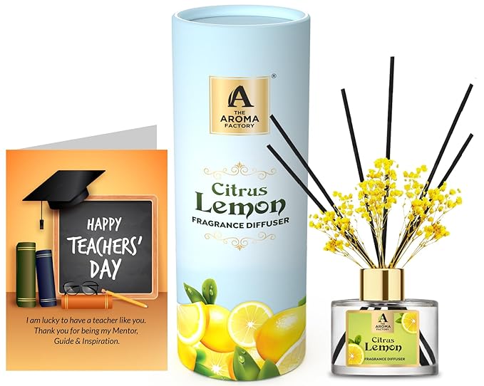 The Aroma Factory Happy Teachers Day Greeting Card & Fragrance Reed Diffuser Gift Set, Citrus Lemon (1 Box + 1 Card)