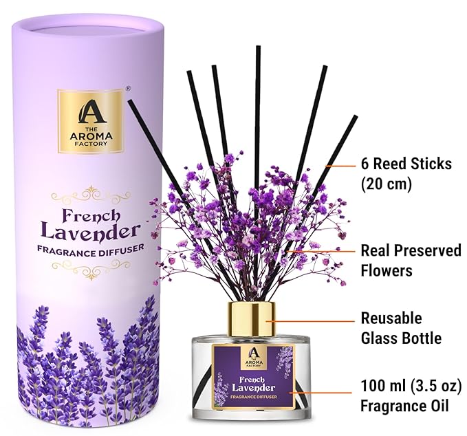 The Aroma Factory Fragrance Diffuser Set with Fibre Reed Sticks, Real Flowers, 100 ml (3.4 Oz) Aroma Oil (Lavender, 1 Box)