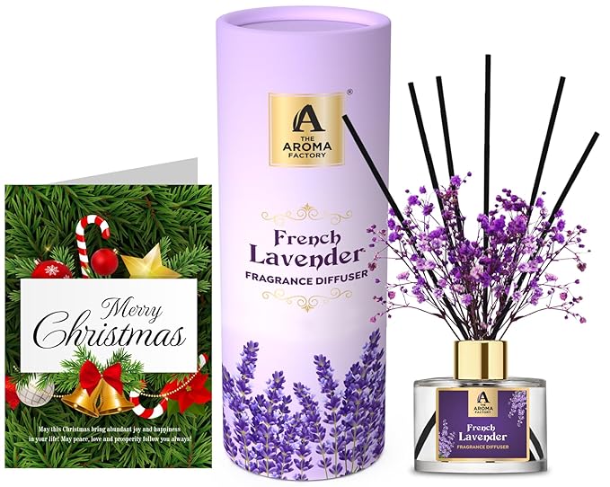 The Aroma Factory Happy Merry Christmas Greeting Card & Fragrance Reed Diffuser Gift Set, French Lavender (1 Box + 1 Card)
