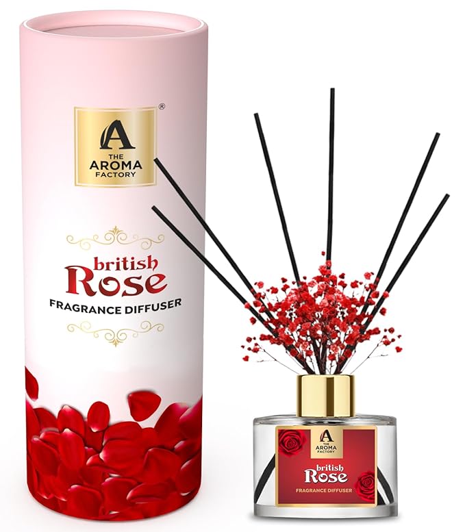 The Aroma Factory Fragrance Diffuser Set with Fibre Reed Sticks, Real Flowers, 100 ml (3.4 Oz) Aroma Oil (Rose, 1 Box)