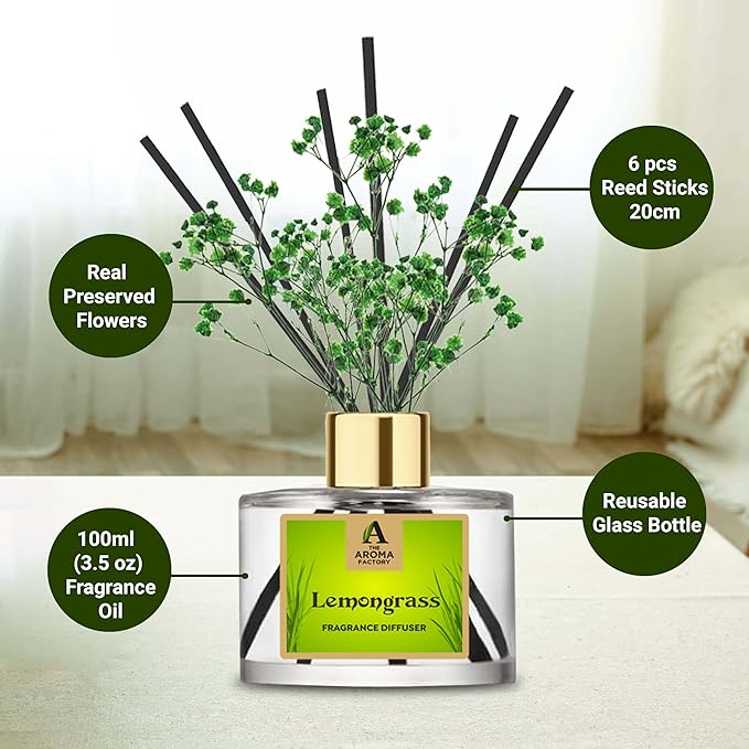 The Aroma Factory Fragrance Diffuser Set with Fibre Reed Sticks, Real Flowers, 100 ml (3.4 Oz) Aroma Oil (Lemongrass, 1 Box)