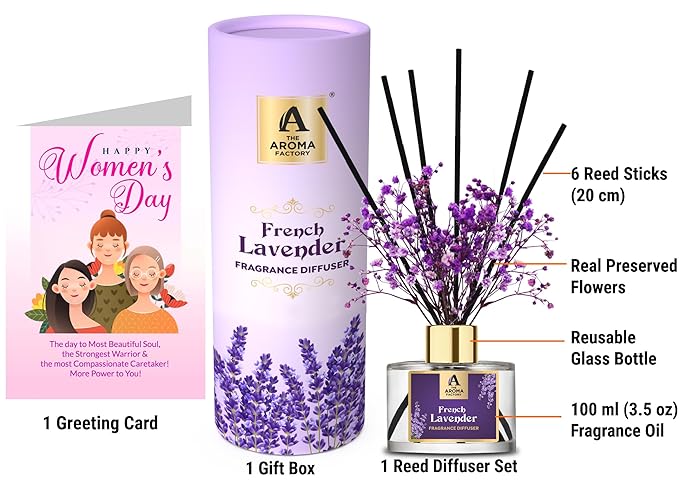 The Aroma Factory Happy Womens Day Greeting Card & Fragrance Reed Diffuser Gift Set,French Lavender (1 Box + 1 Card)