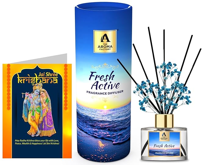The Aroma Factory Happy Janmasthami Greeting Card & Fragrance Reed Diffuser Gift Set,Fresh Active (1 Box + 1 Card)