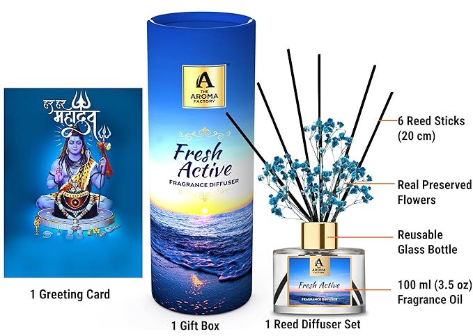 The Aroma Factory Shivratri Greeting Card & Fragrance Reed Diffuser Gift Set,Fresh Active (1 Box + 1 Card)