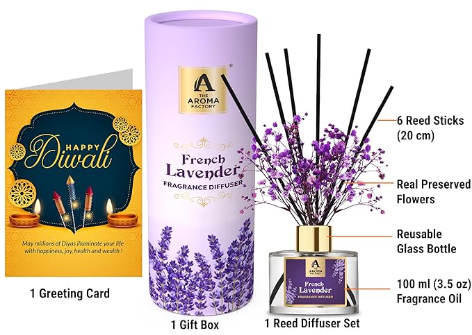 The Aroma Factory Happy Diwali Deepawali Greeting Card & Fragrance Reed Diffuser Gift Set, French Lavender (1 Box + 1 Card)