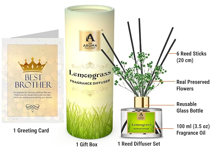 The Aroma Factory Happy Brothers Day Greeting Card & Fragrance Reed Diffuser Gift Set,Lemongrass(1 Box + 1 Card)