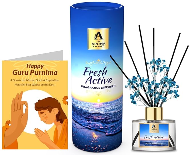 The Aroma Factory Happy Guru Purnima Greeting Card & Fragrance Reed Diffuser Gift Set, Fresh Active (1 Box + 1 Card)