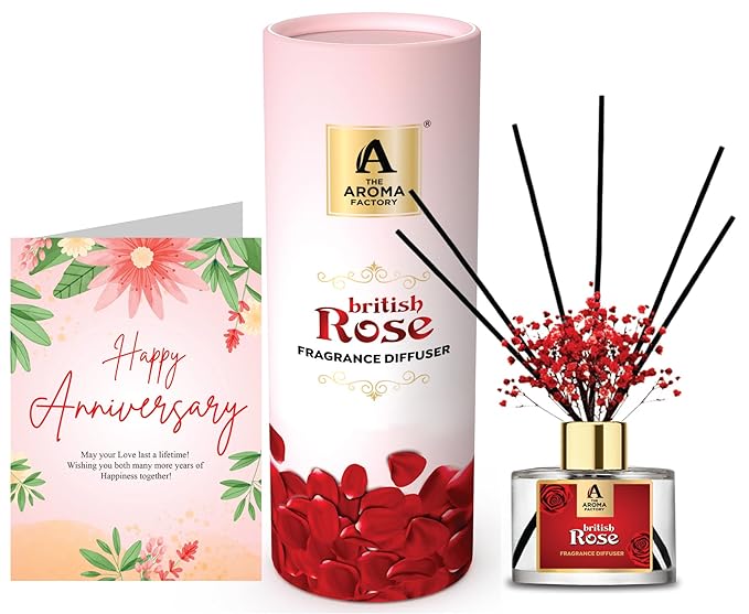 The Aroma Factory Happy Anniversary Greeting Card & Fragrance Reed Diffuser Gift Set,Rose (1 Box + 1 Card)