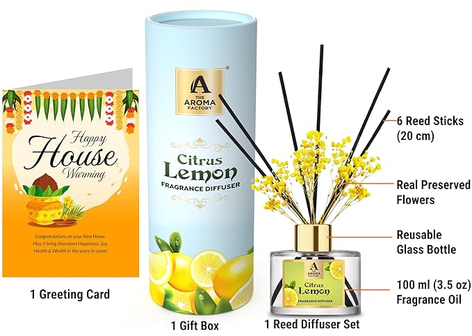The Aroma Factory House Warming Greeting Card & Fragrance Reed Diffuser Gift Set,Citrus Lemon (1 Box + 1 Card)