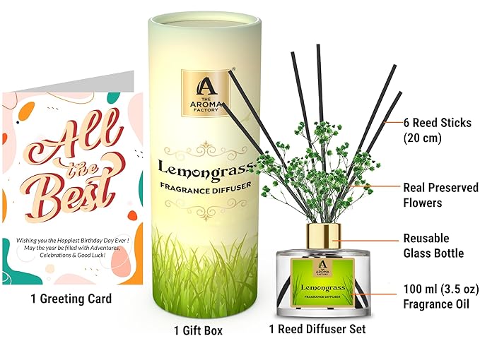 The Aroma Factory All The Best Greeting Card & Fragrance Reed Diffuser Gift Set,Lemongrass (1 Box + 1 Card)