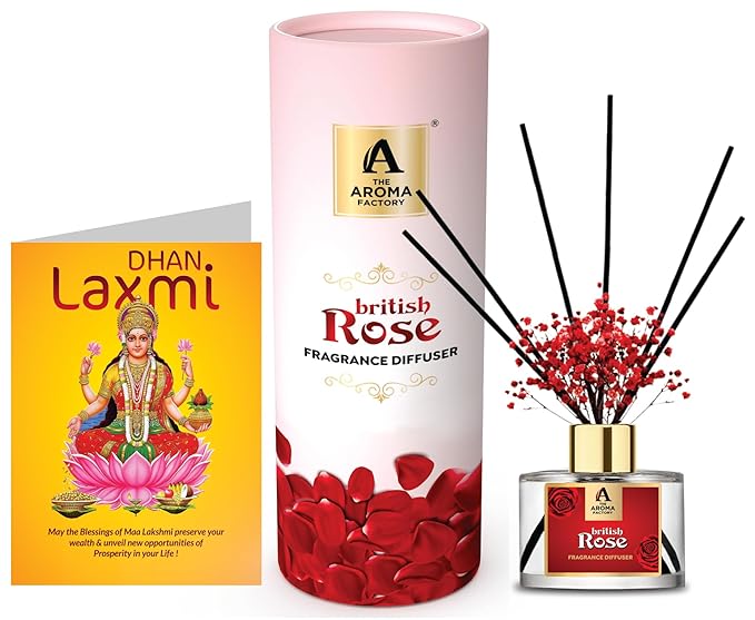 The Aroma Factory Dhan Laxmi Greeting Card & Fragrance Reed Diffuser Gift Set, Rose (1 Box + 1 Card)