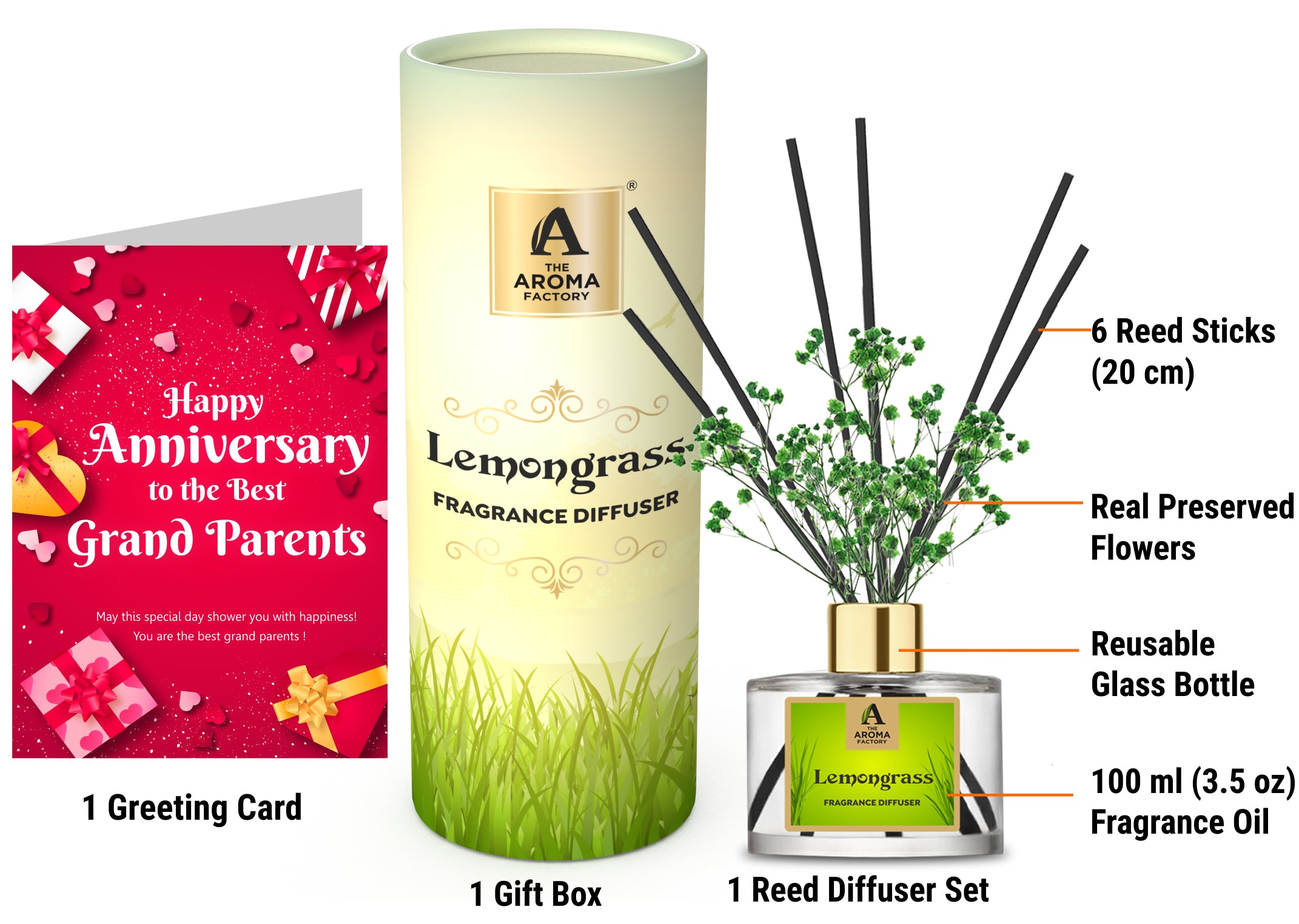 The Aroma Factory Happy Anniversary Dada Dadi Grand Parents Gift with Card, Lemongrass Fragrance Reed Diffuser Set (1 Box + 1 Card)