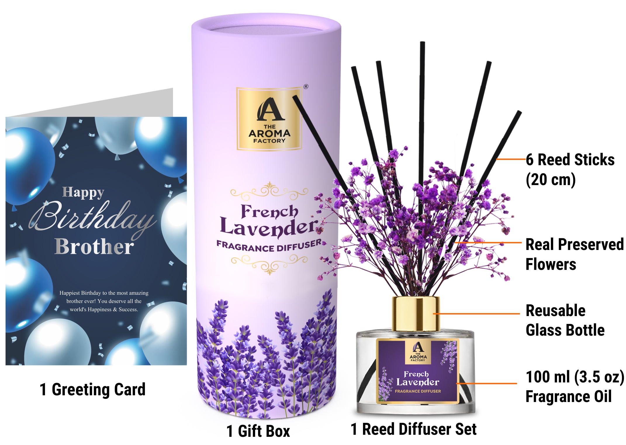The Aroma Factory Happy Birthday Brother Bhaiya Gift with Card, French Lavender Fragrance Reed Diffuser Set (1 Box + 1 Card)