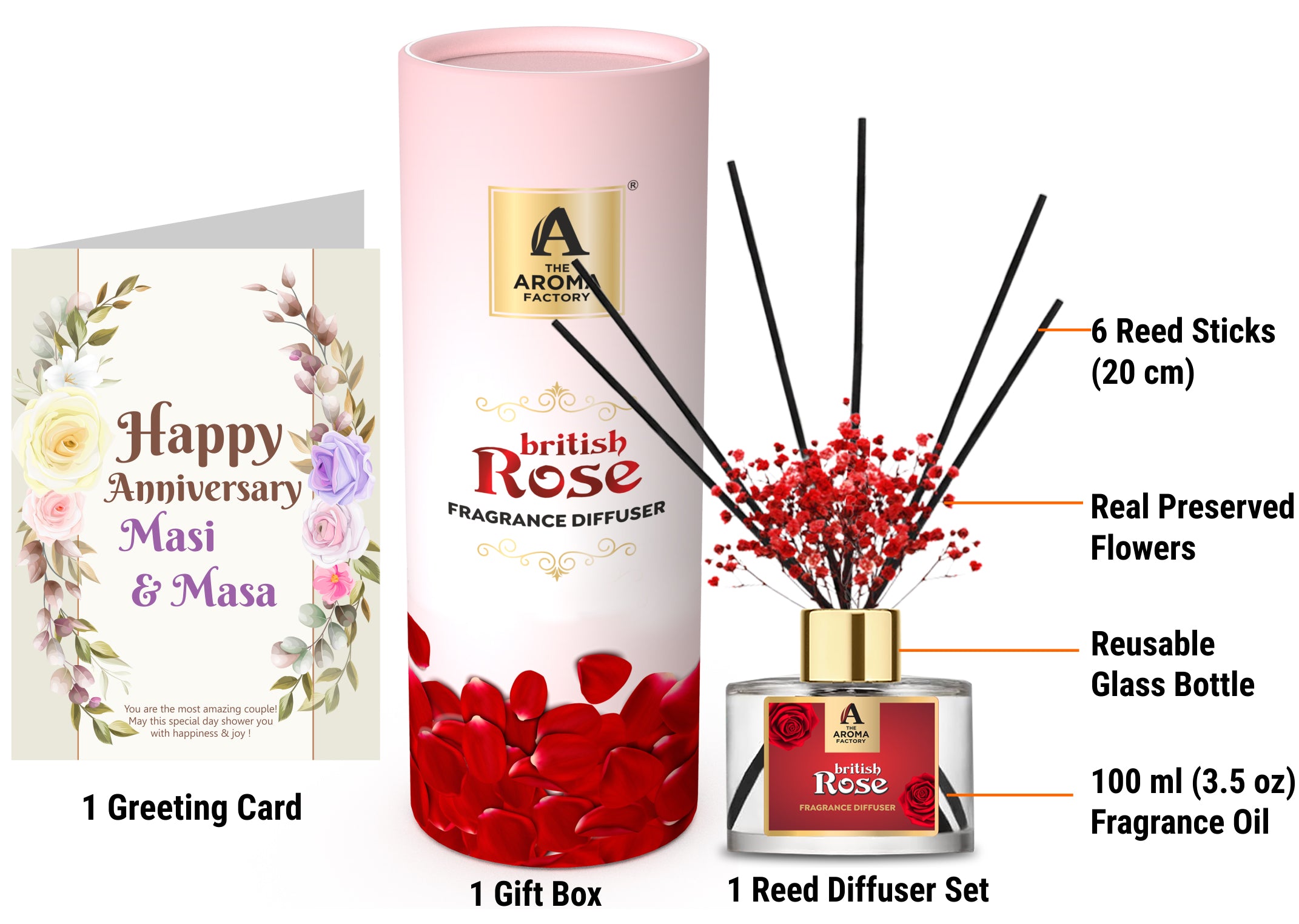 The Aroma Factory Happy Anniversary MASI/Mousi & Masaji/Mosa Gift with Card, British Rose Fragrance Reed Diffuser Set (1 Box + 1 Card)