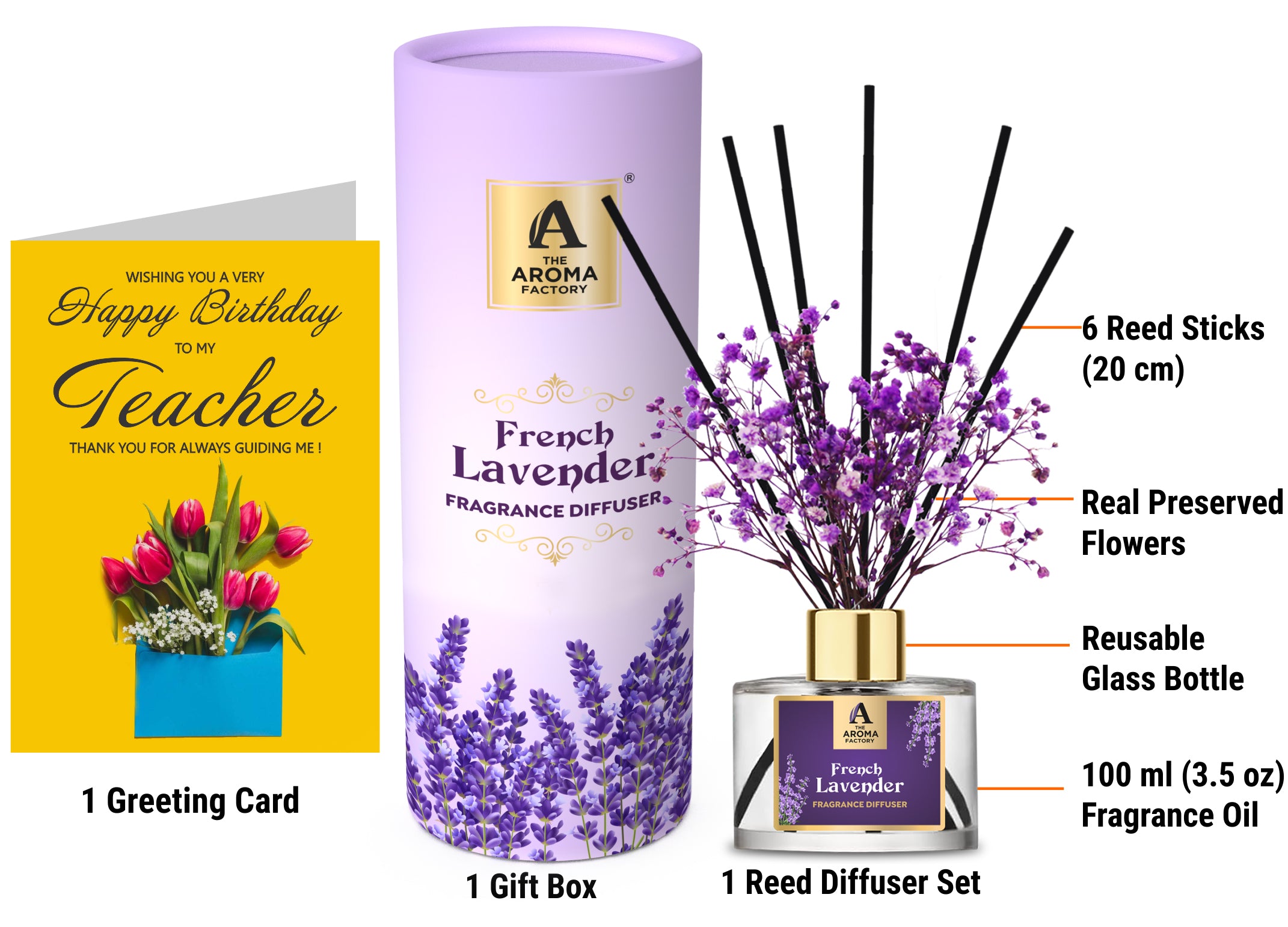 The Aroma Factory Happy Birthday Teacher Gift with Card, French Lavender Fragrance Reed Diffuser Set (1 Box + 1 Card)