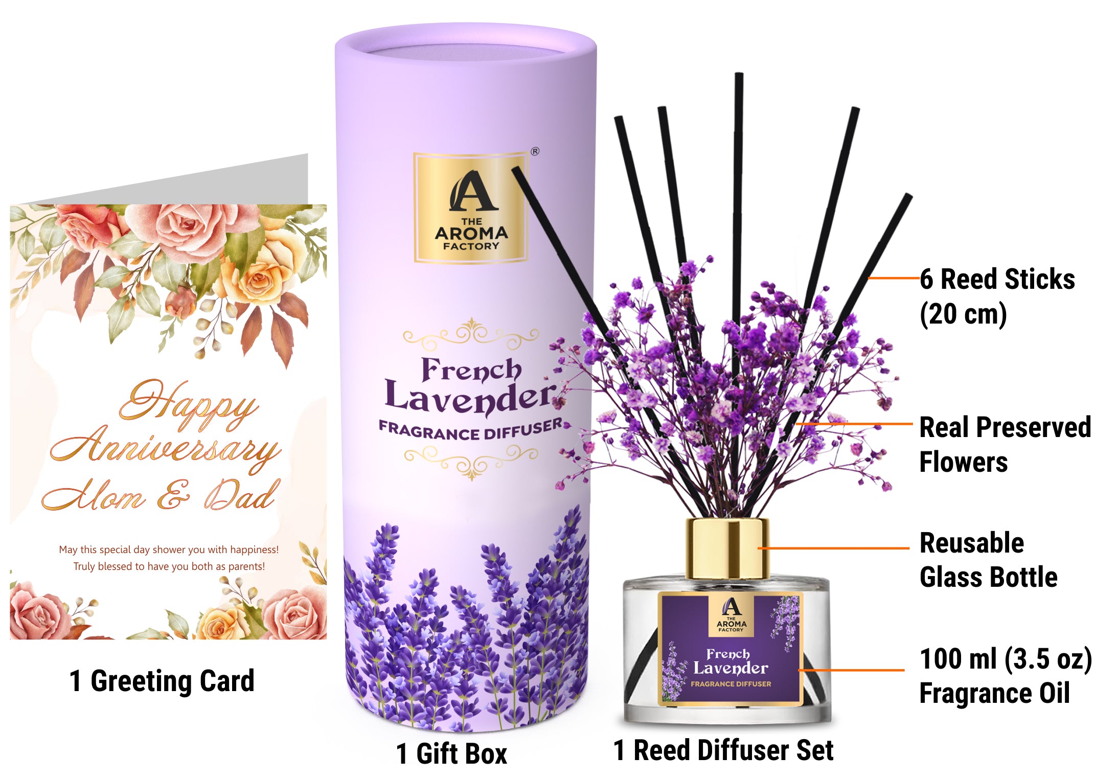 The Aroma Factory Happy Anniversary Mom Dad Parents Gift with Card, French Lavender Fragrance Reed Diffuser Set (1 Box + 1 Card)