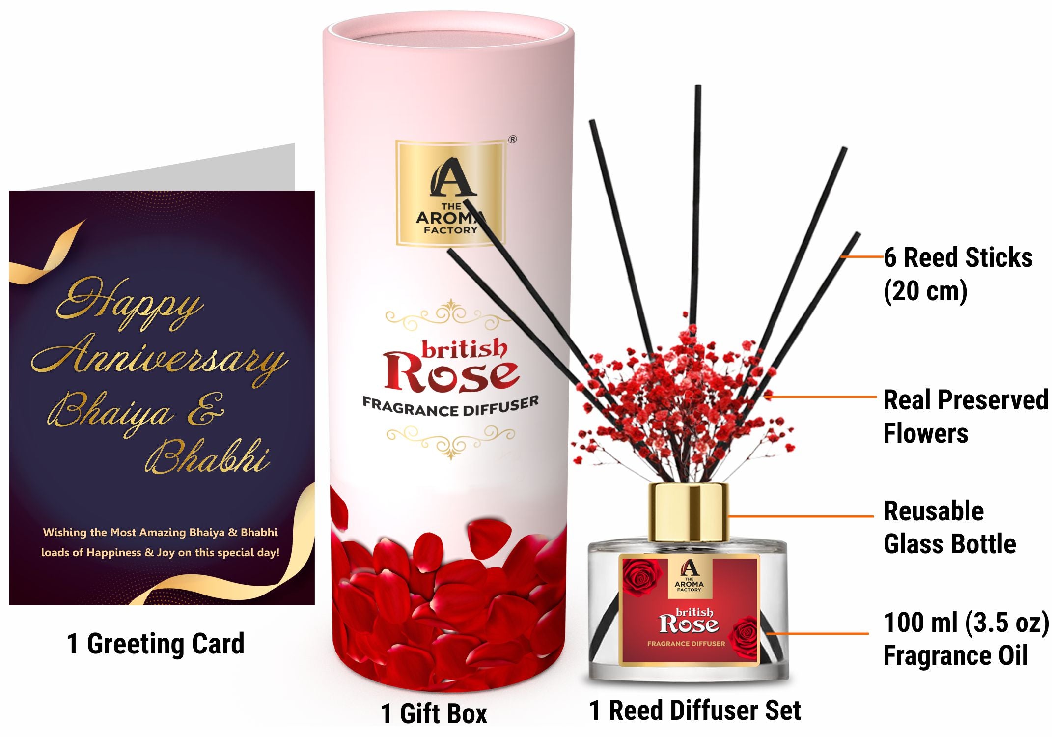 The Aroma Factory Happy Anniversary Bhaiya Bhabhi Gift with Card, British Rose Fragrance Reed Diffuser Set (1 Box + 1 Card)