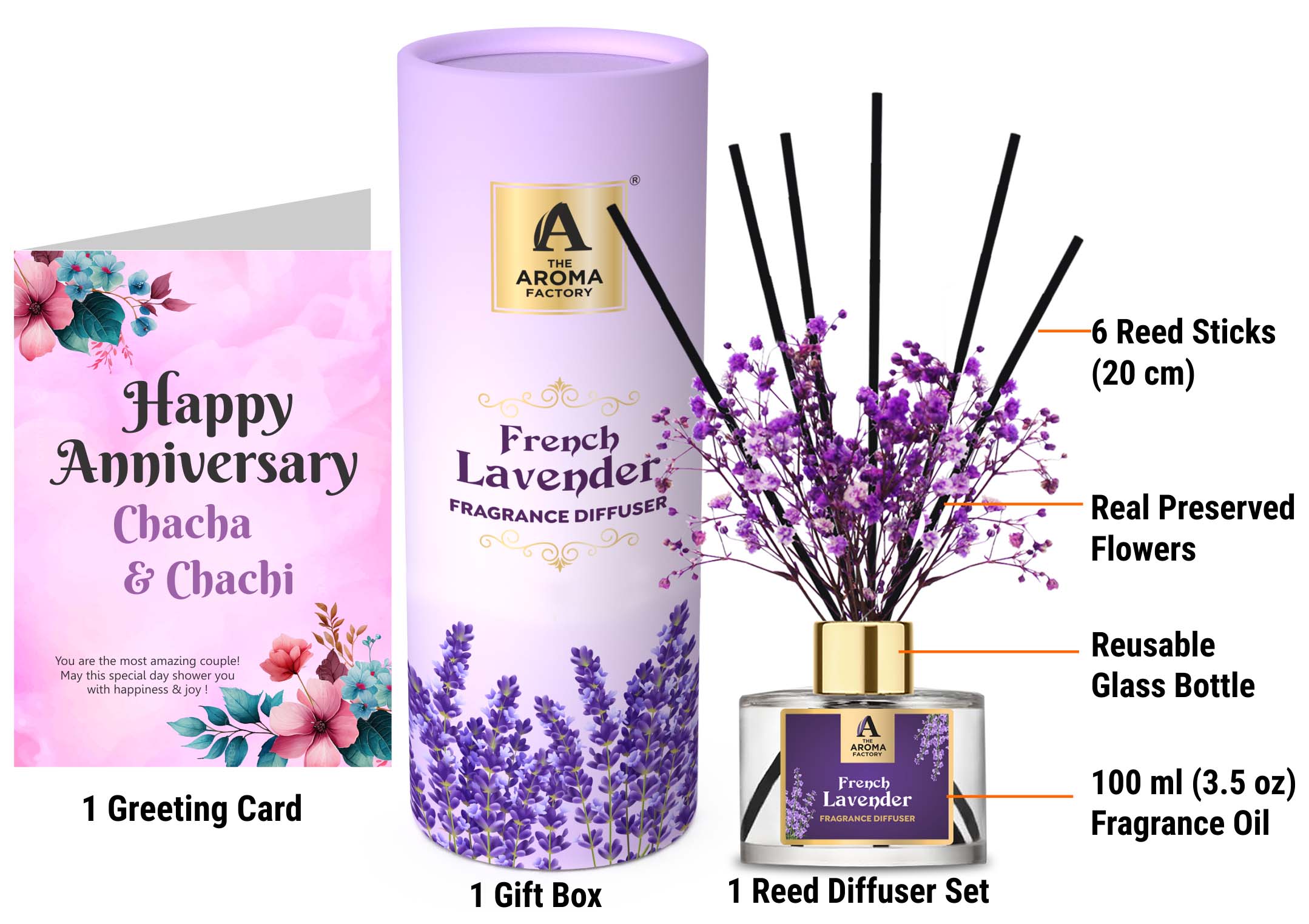 The Aroma Factory Happy Anniversary Chacha Chachi Gift with Card, French Lavender Fragrance Reed Diffuser Set (1 Box + 1 Card)