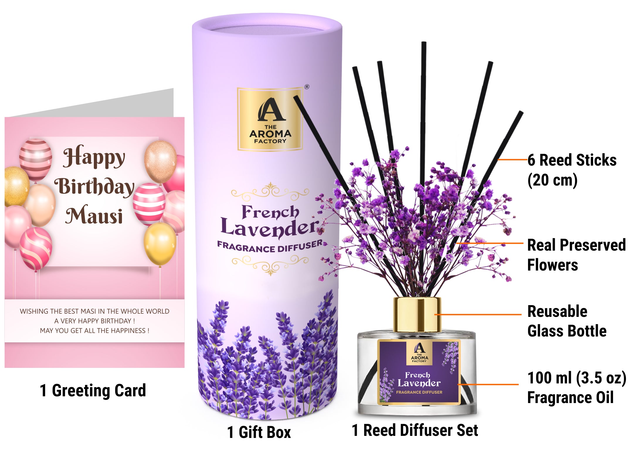 The Aroma Factory Happy Birthday MASI/Mausi Gift with Card, French Lavender Fragrance Reed Diffuser Set (1 Box + 1 Card)
