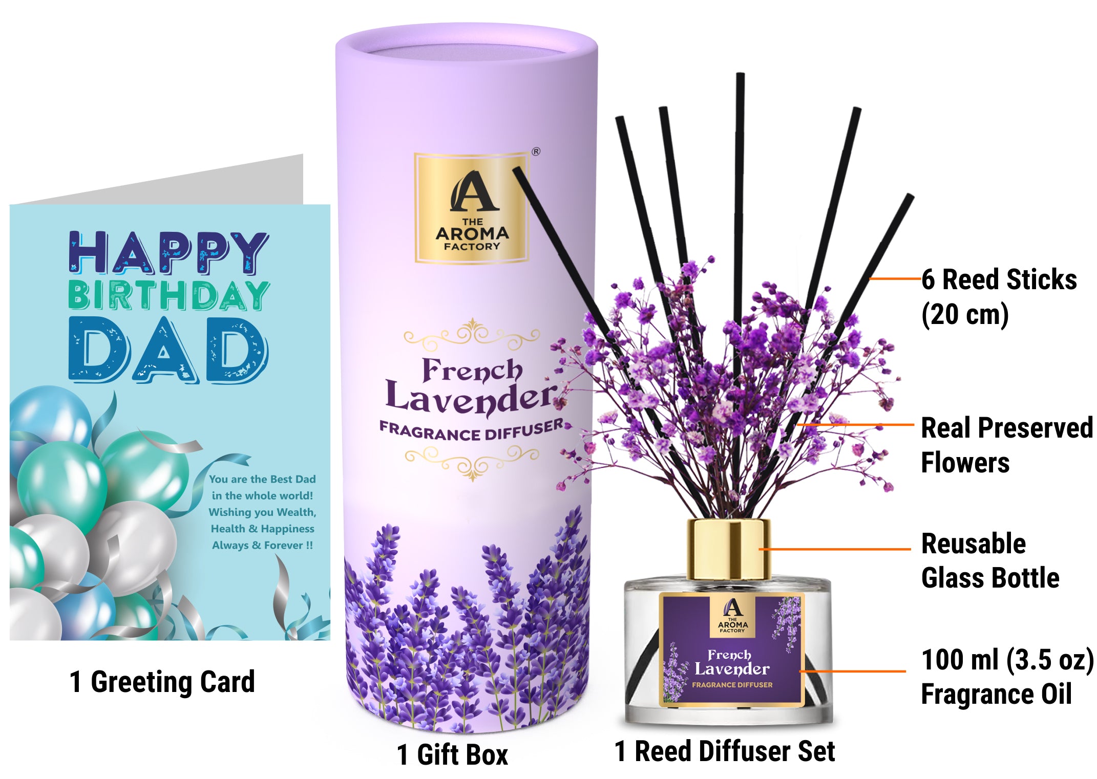 The Aroma Factory Happy Birthday Dad Papa Father Gift with Card, French Lavender Fragrance Reed Diffuser Set (1 Box + 1 Card)