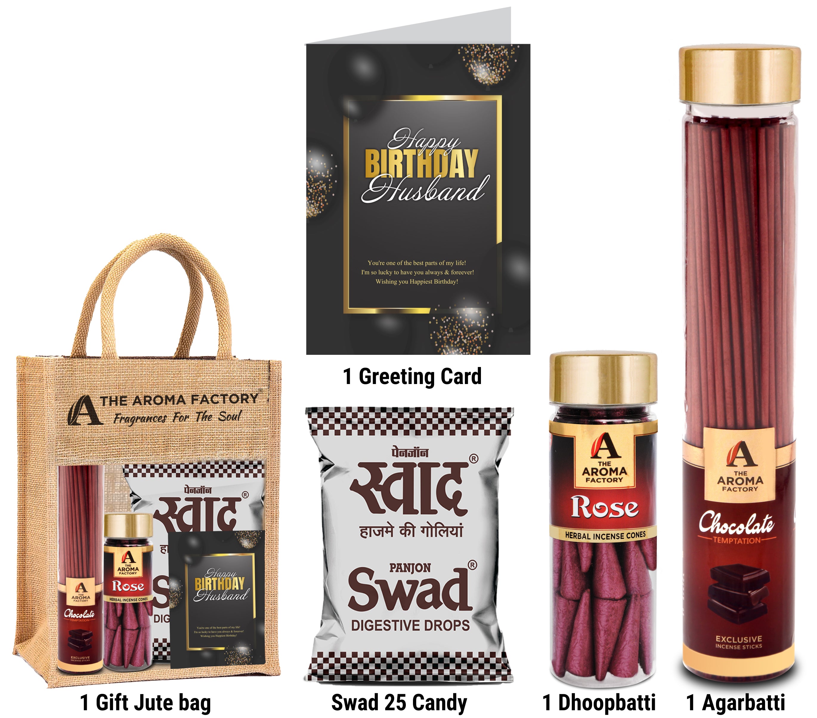 The Aroma Factory Happy Birthday Husband Gift with Card (25 Swad Candy, Chocolate Agarbatti Bottle, Rose Cone) in Jute Bag