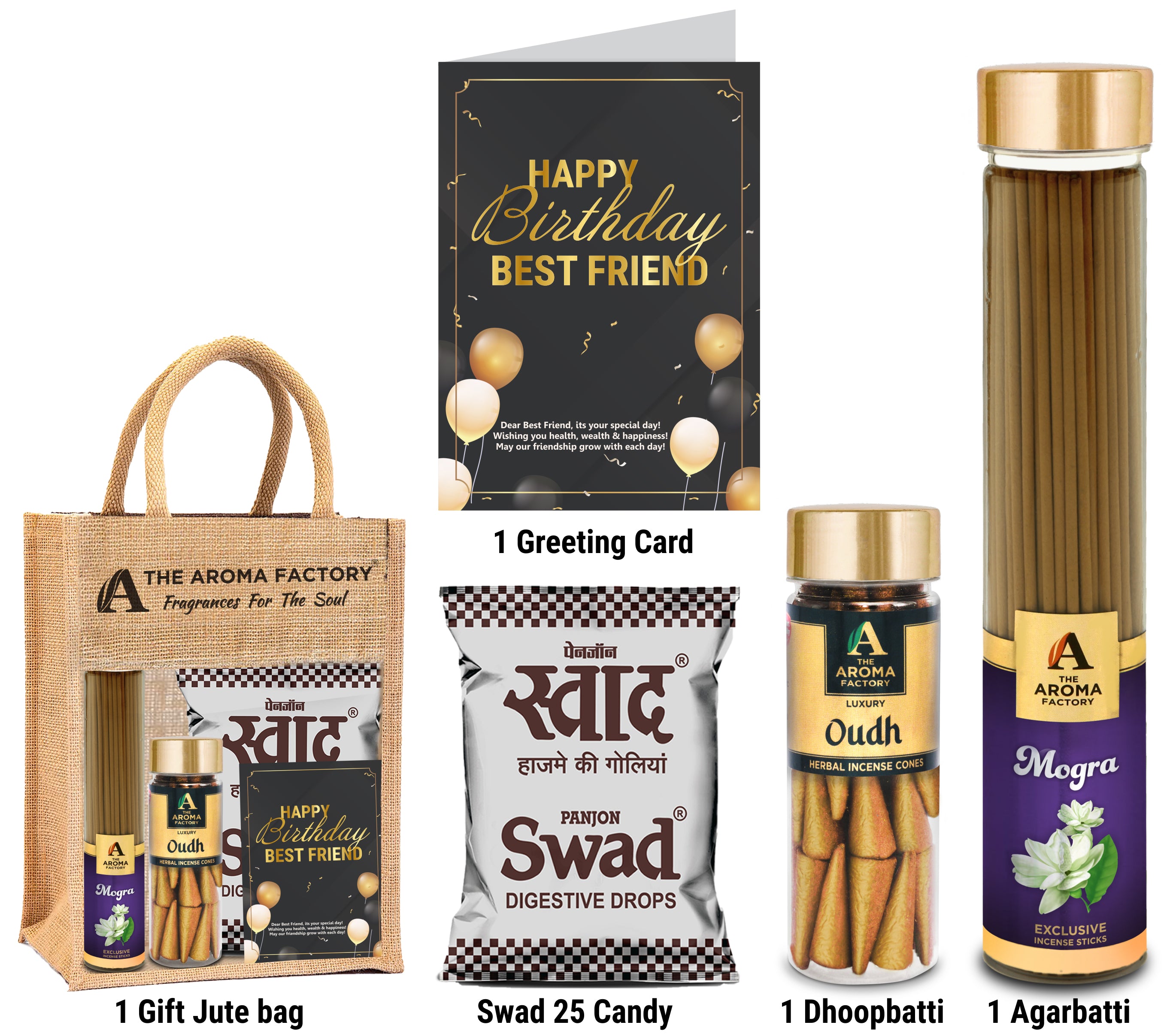 The Aroma Factory Happy Birthday with Card (25 Swad Candy, Mogra Agarbatti Bottle, Oudh Cone) in Jute Bag