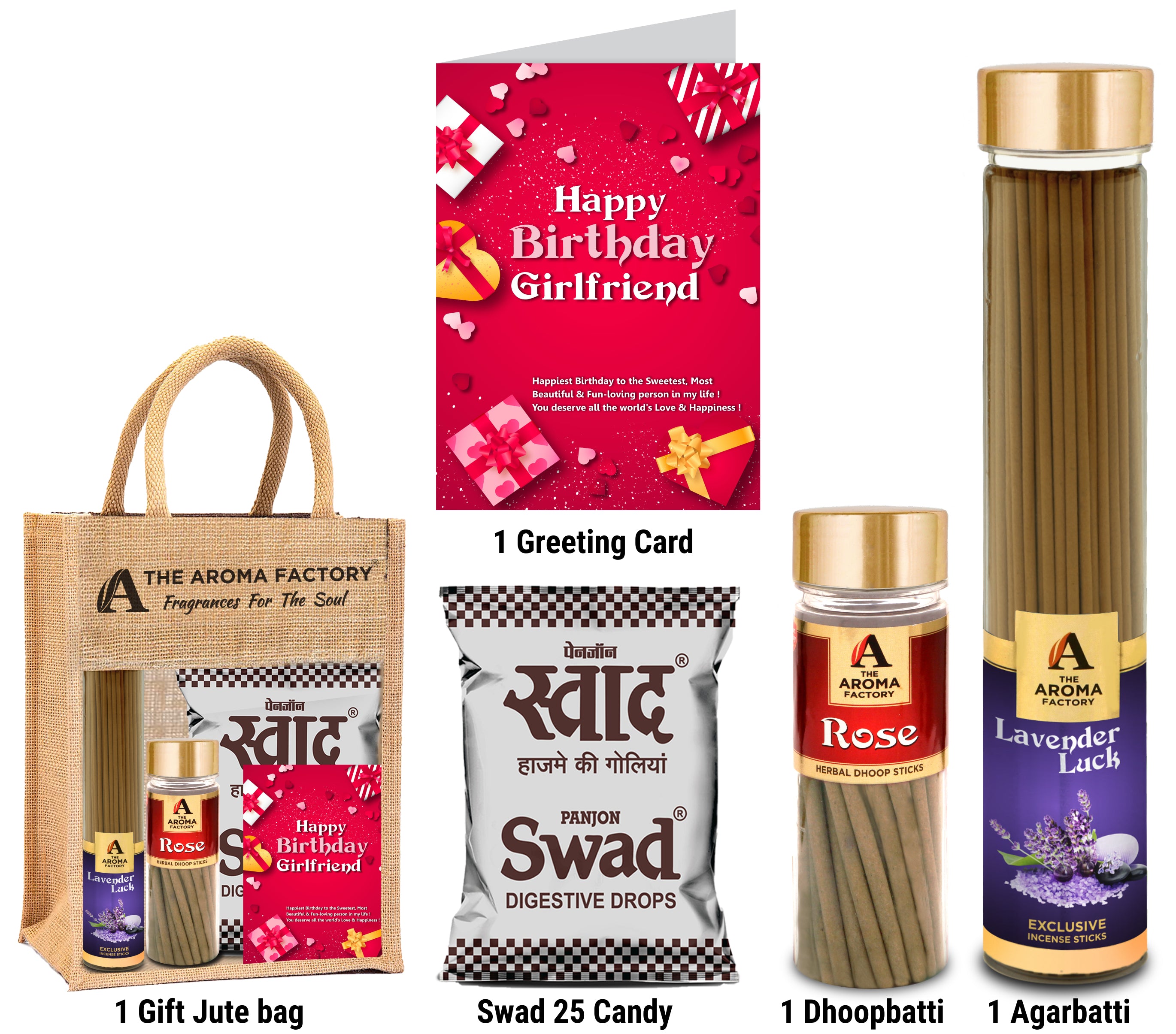 The Aroma Factory Happy Birthday Girl Friend Gift with Card (25 Swad Candy, Lavender Agarbatti Bottle, Rose Dhoopbatti) in Jute Bag