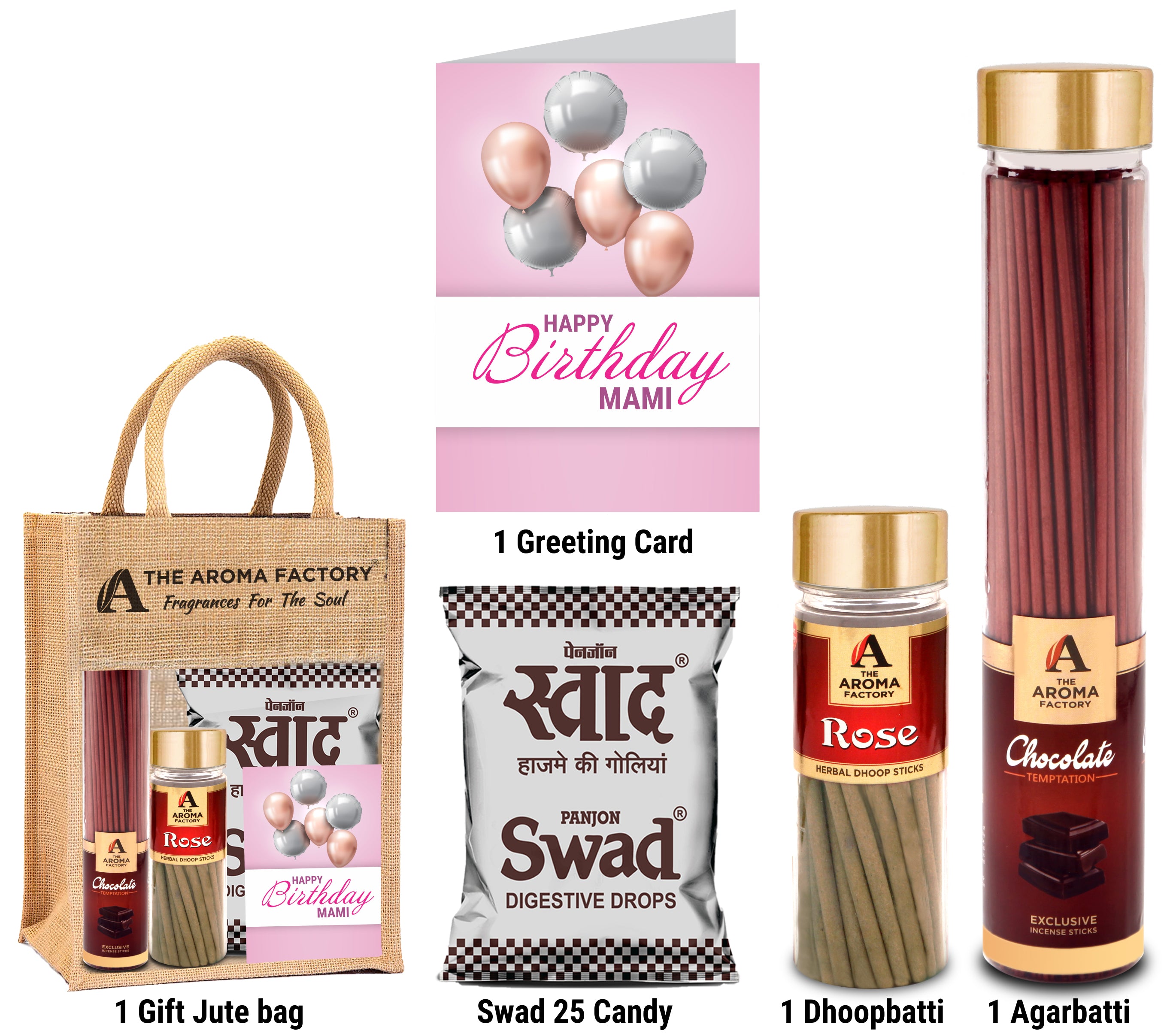 The Aroma Factory Happy Birthday Mami Gift with Card (25 Swad Candy, Chocolate Agarbatti Bottle, Rose Dhoopbatti) in Jute Bag