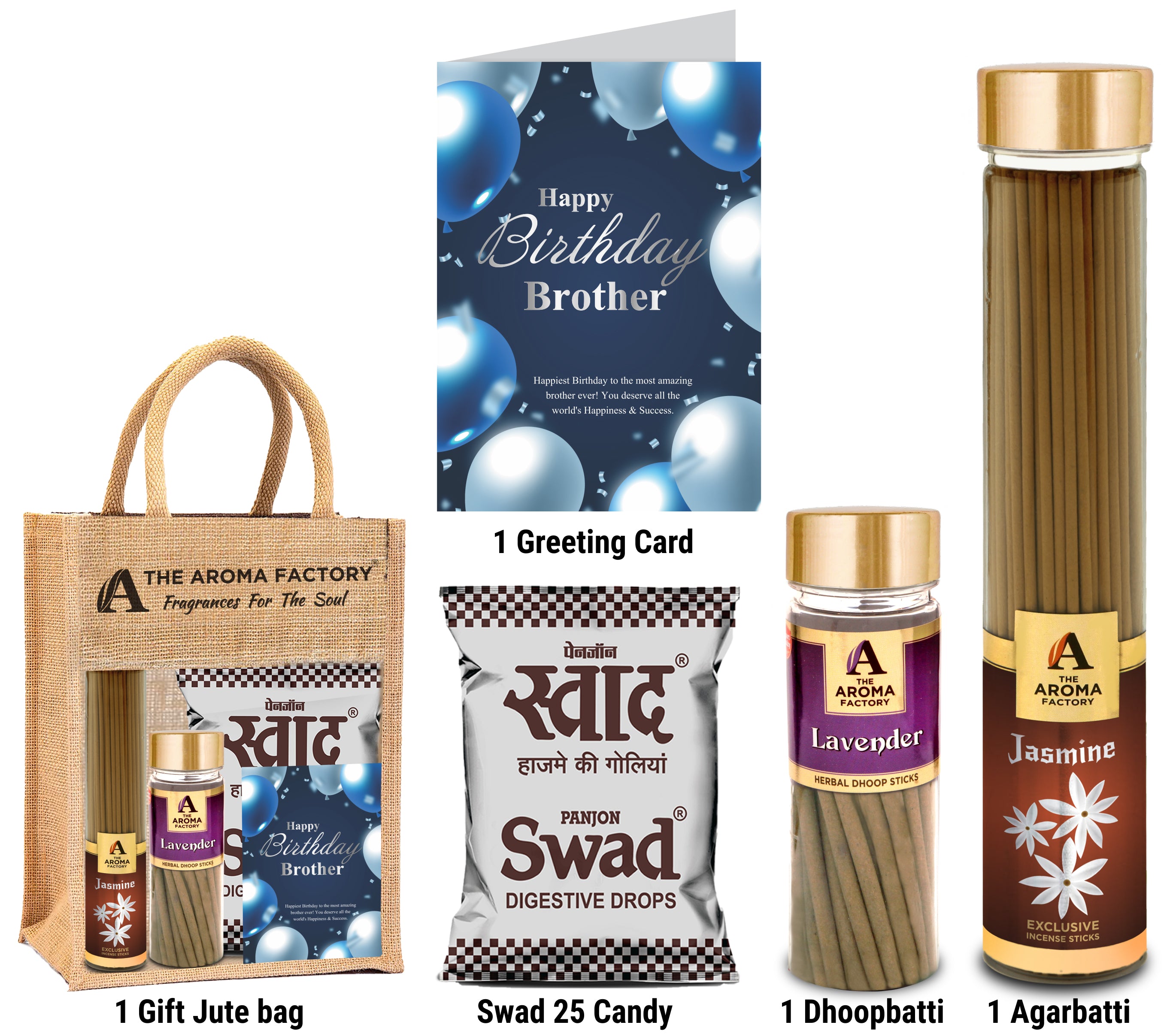The Aroma Factory Happy Birthday Brother Bhaiya Gift with Card (25 Swad Candy, Jasmine Agarbatti Bottle, Lavender Dhoopbatti) in Jute Bag