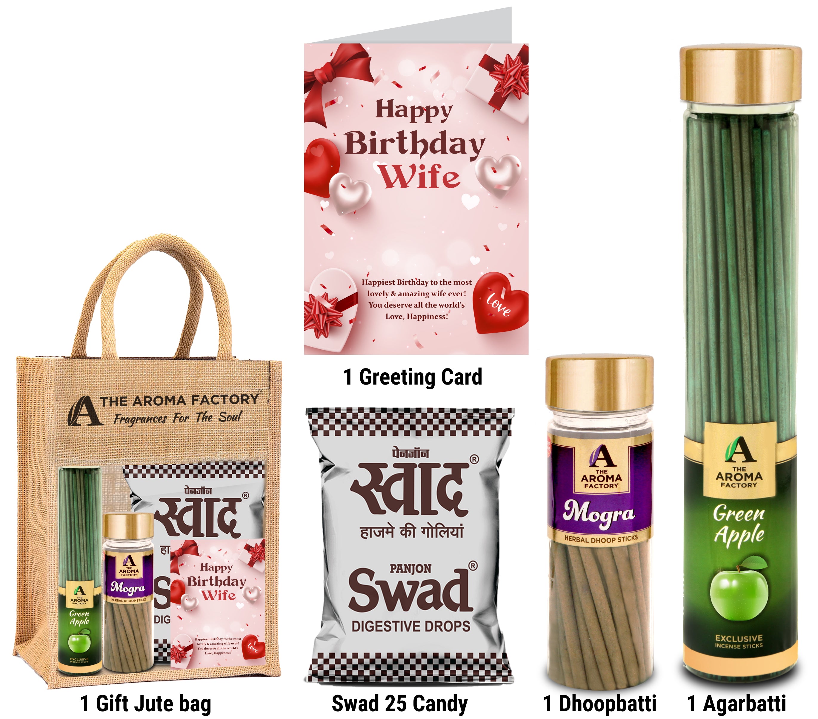 The Aroma Factory Happy Birthday Wife Gift with Card (25 Swad Candy, Green Apple Agarbatti Bottle, Mogra Dhoopbatti) in Jute Bag