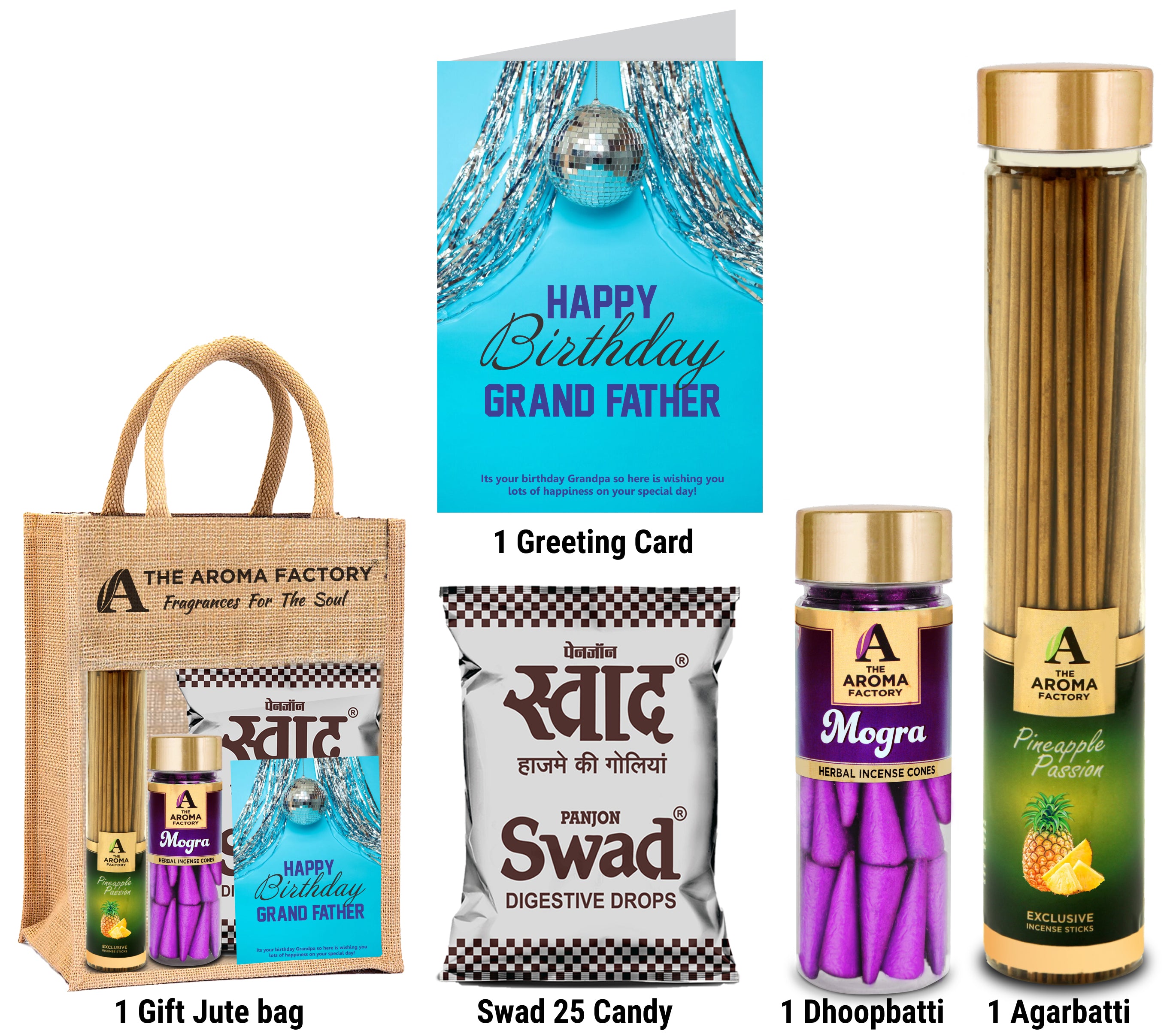 The Aroma Factory Happy Birthday Dada Grand Dad Gift with Card (25 Swad Candy, Pineapple Agarbatti Bottle, Mogra Cone) in Jute Bag